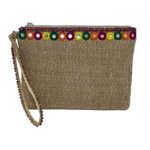 Tan woven clutch with mirror and beaded accents